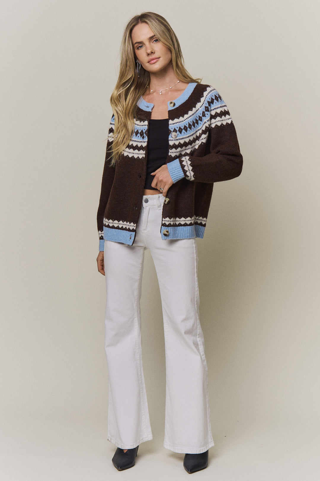 Fair Isle Yoke Knit Cardigan