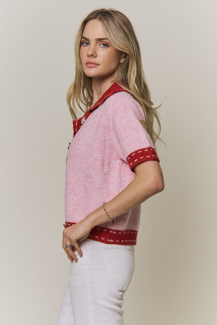 Collared Short-Sleeve Knit Cardigan Top