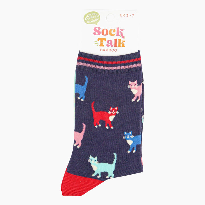 Navy bamboo crew socks with colourful cat pattern and red heel and toe, UK 3-7