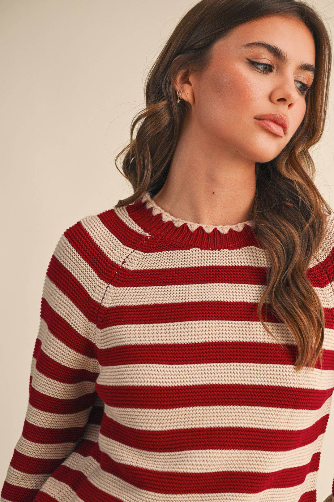 Striped Puff Sleeve Sweater w/ Contrast Stitch