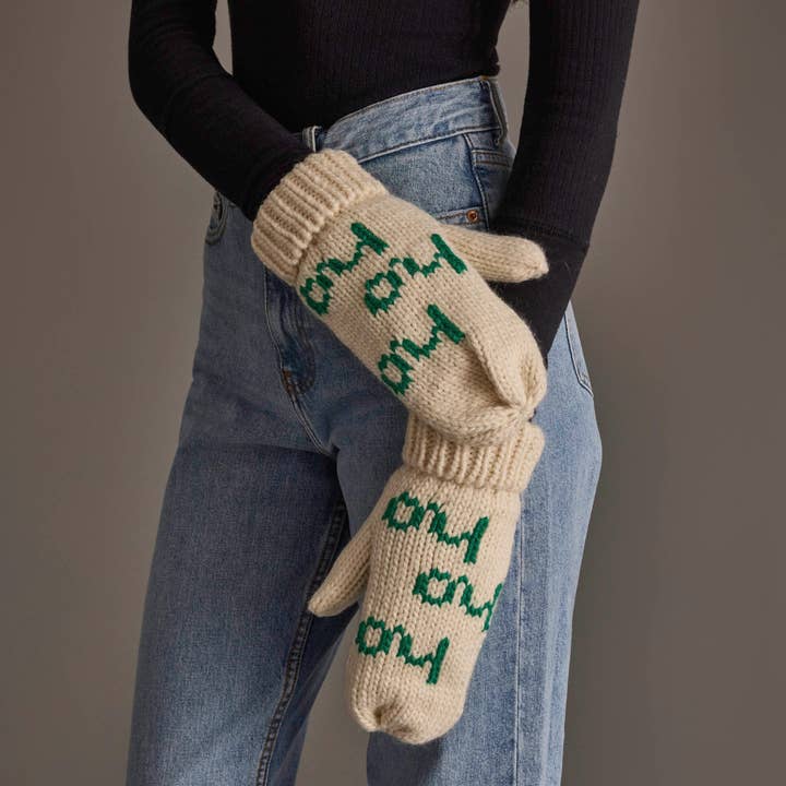 Beige &amp; Green Ho Ho Ho Mittens