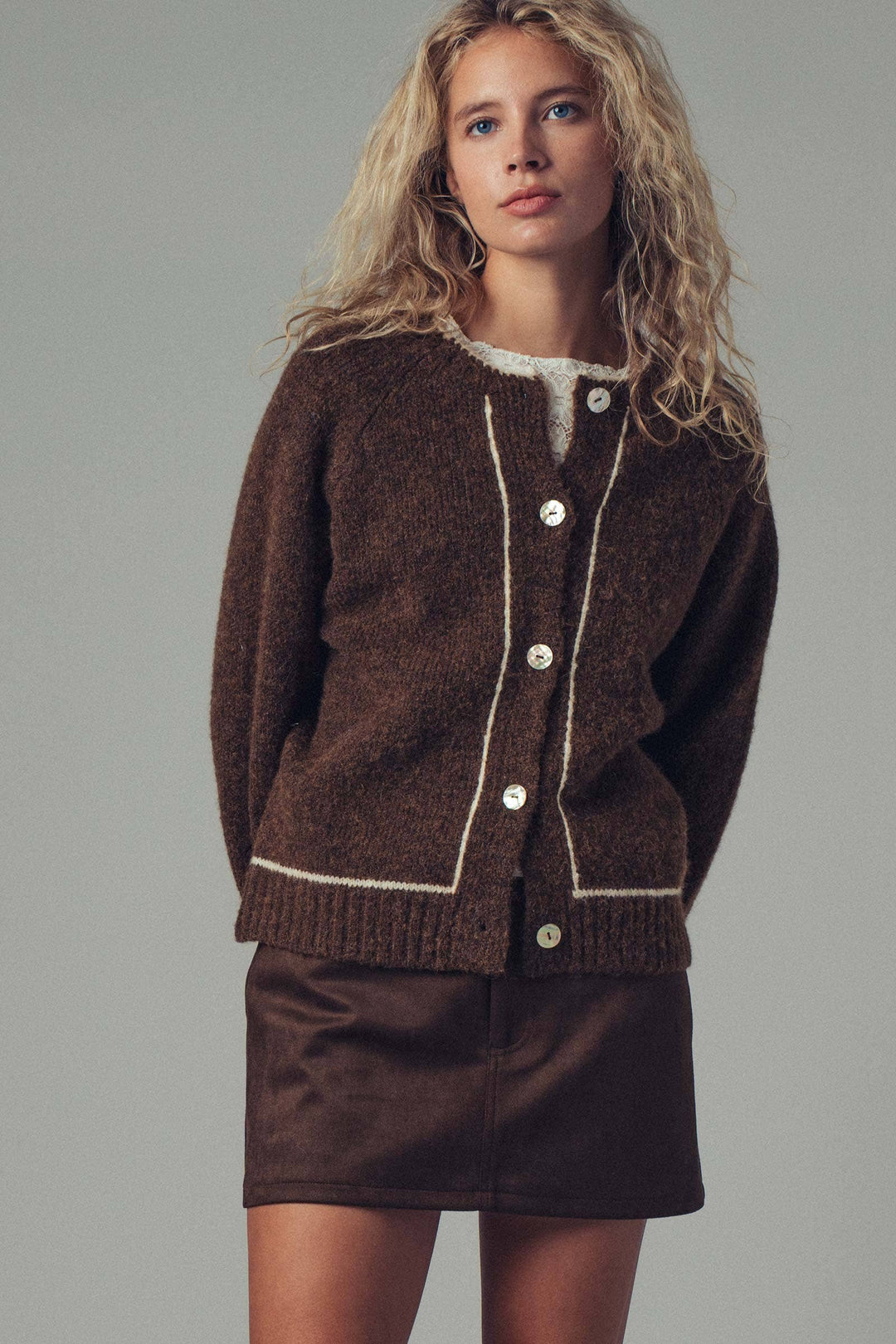 Contrast Trim Boho Knit Button Cardigan