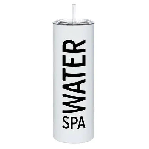 White skinny tumbler with black 'WATER SPA' text and clear straw lid