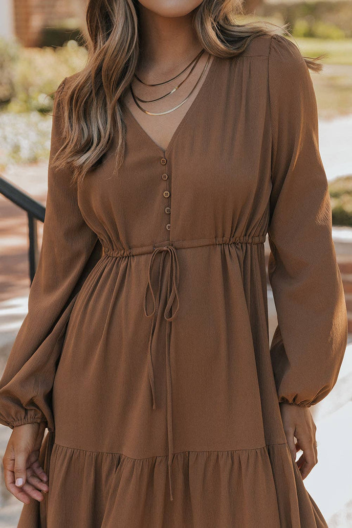 Solid Button V Neck Tiered Maxi Dress