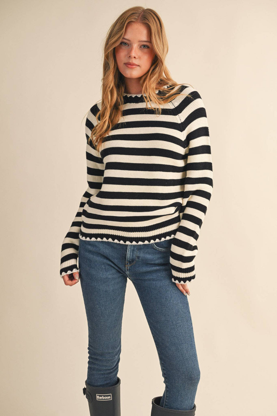 Striped Puff Sleeve Sweater w/ Contrast Stitch