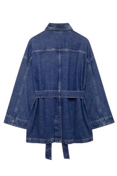Oversized dark denim jacket with belt tie, back view on white background