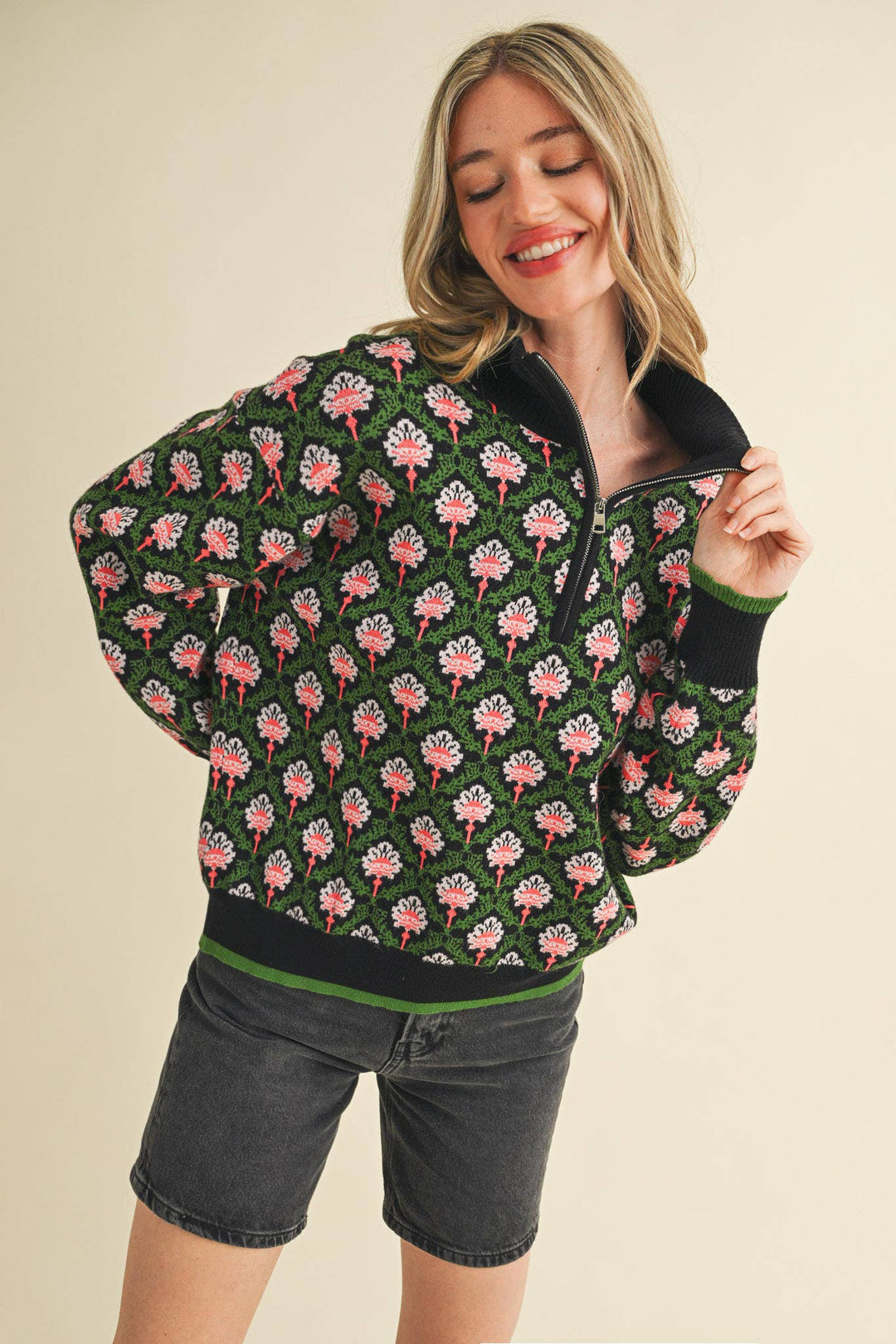 Floral Mock Neck ½ Pullover