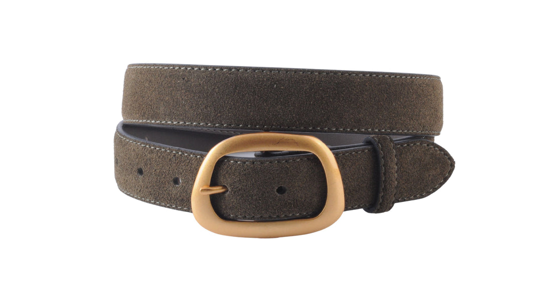 Olive suede belt coiled with an asymmetrical organic-shaped gold buckle on white background