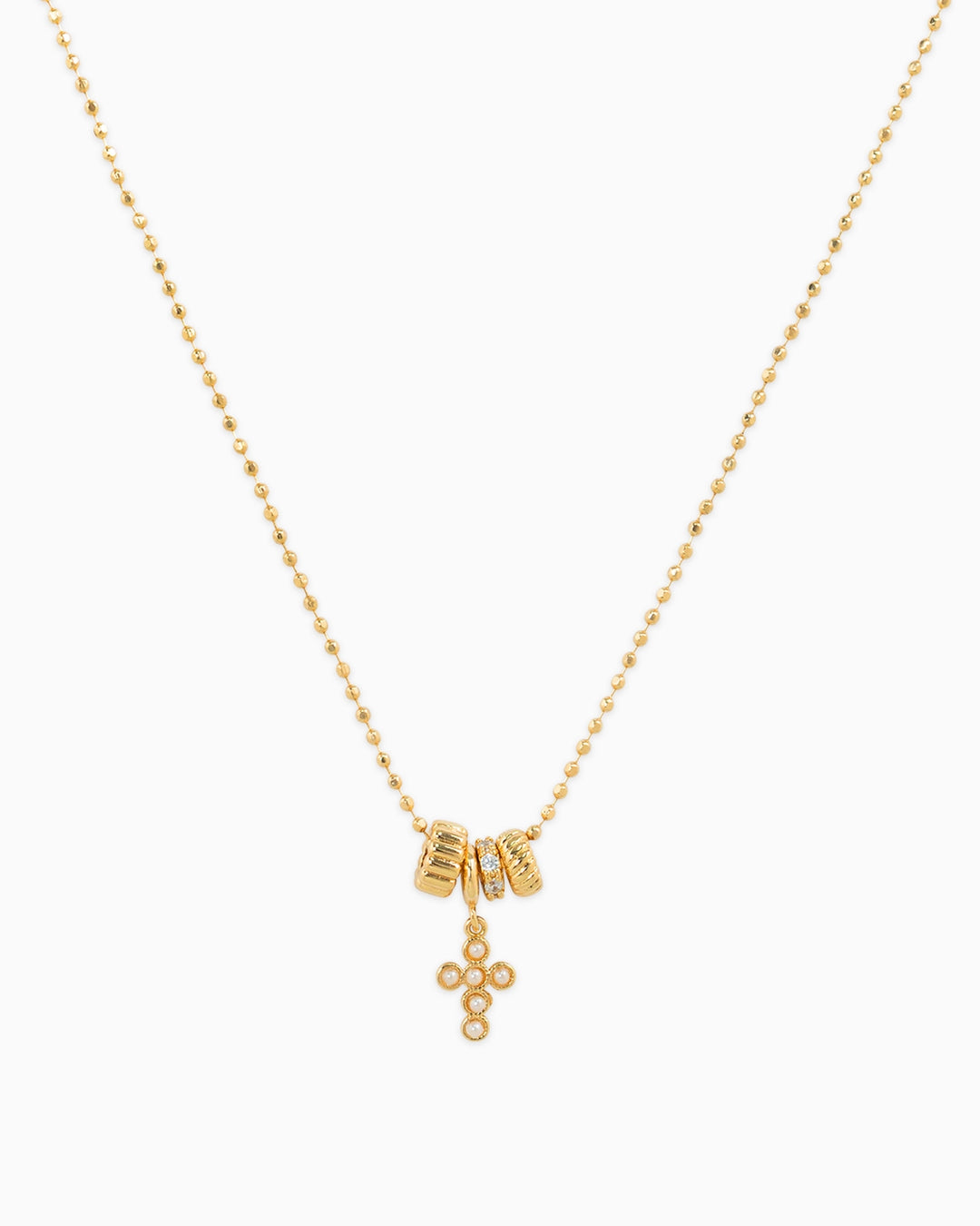 Rondelle Charm CZ Pearl Cross Pendant Necklace