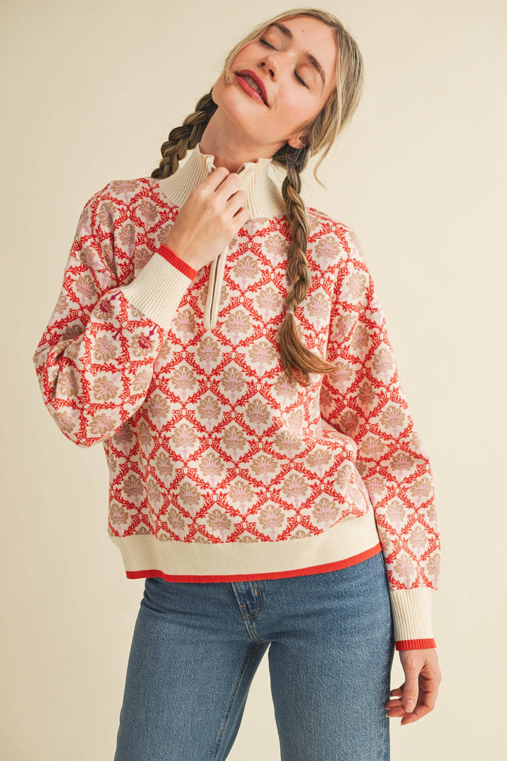 Floral Mock Neck ½ Pullover