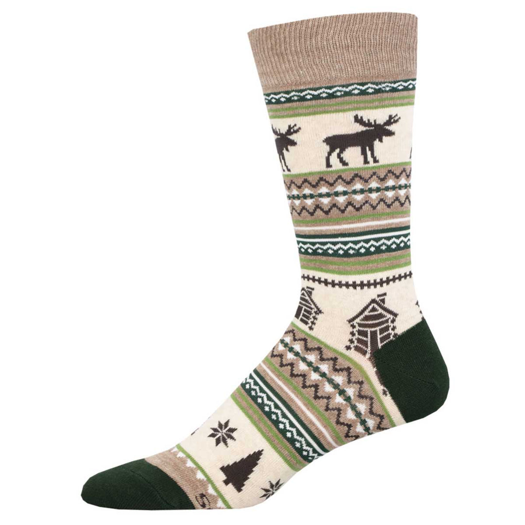 Socksmith Moose Fair Isle crew socks in ivory heather with moose, cabin, and tree pattern