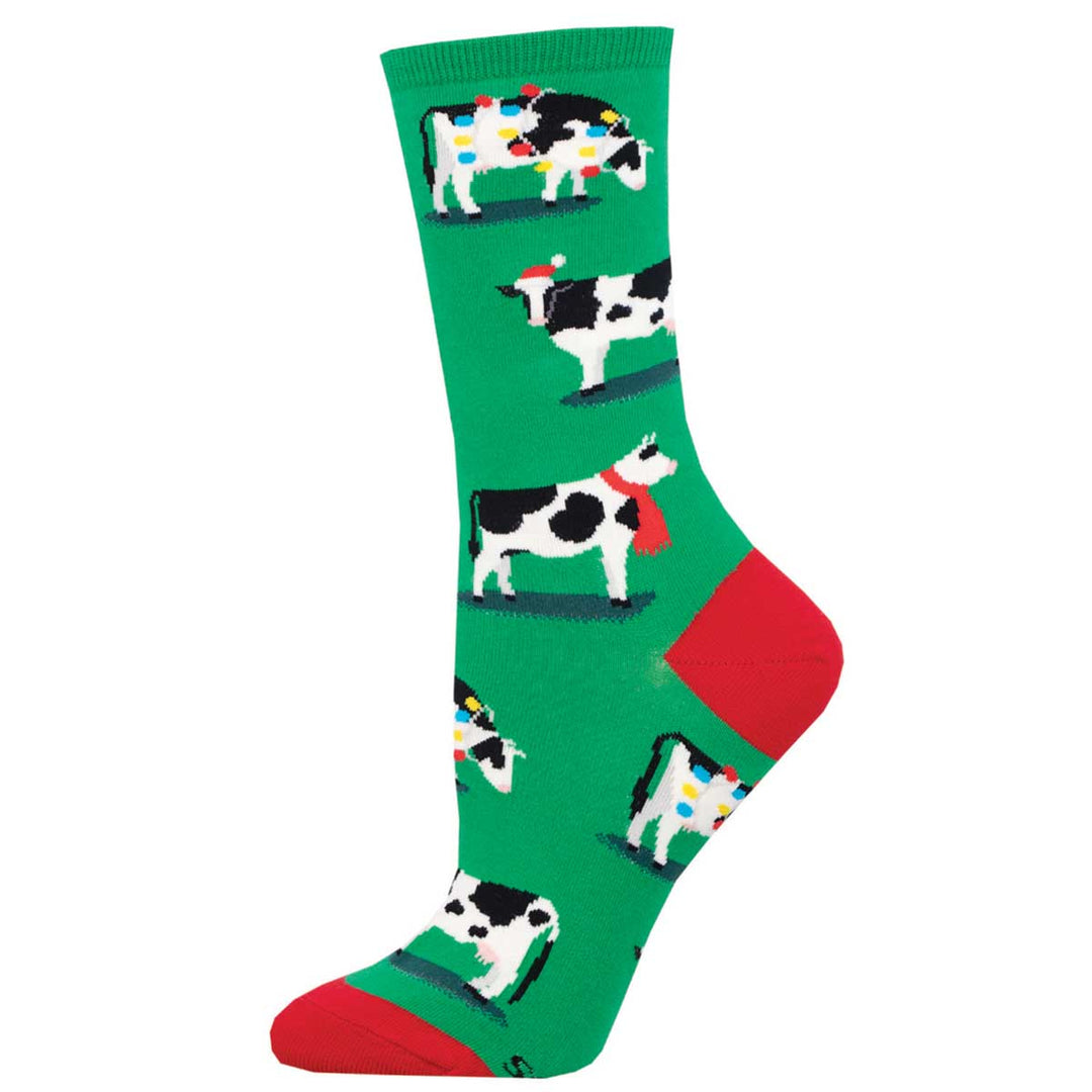 Green Christmas crew socks featuring Holstein cows wearing Santa hats, scarves, and holiday lights