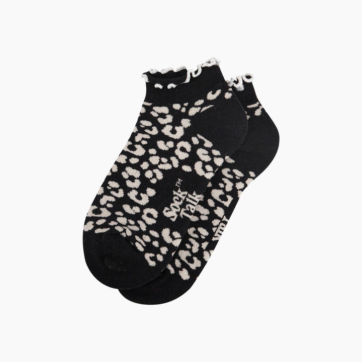 Black leopard print ankle socks with frilled white cuff by Sock Talk