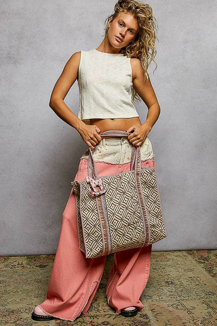 Striped Bias Tape Bohemian Quilted Beige Tote Bag