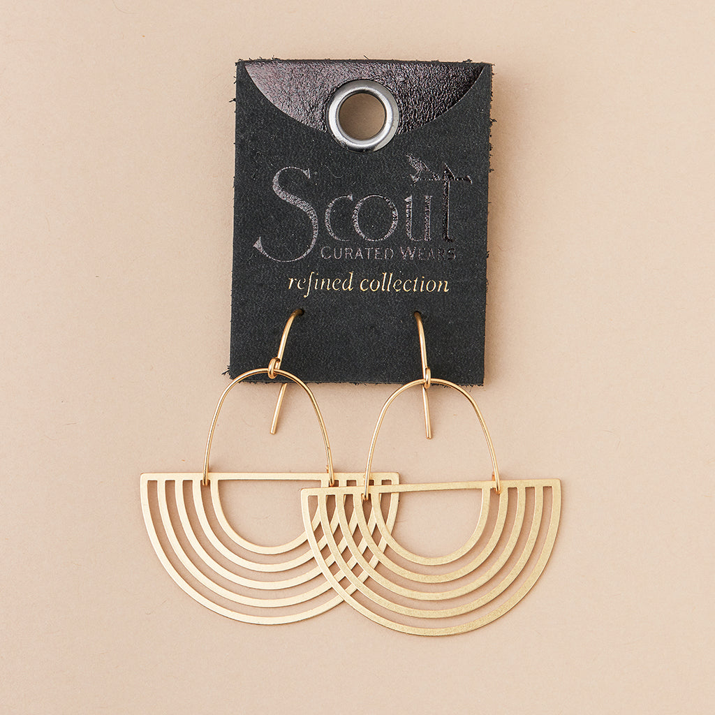 Scout Curated Wears Refined Collection Solar Rays gold drop earrings on black leather card