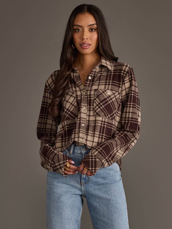 Chocolate Brown &amp; Tan Plaid Button Up