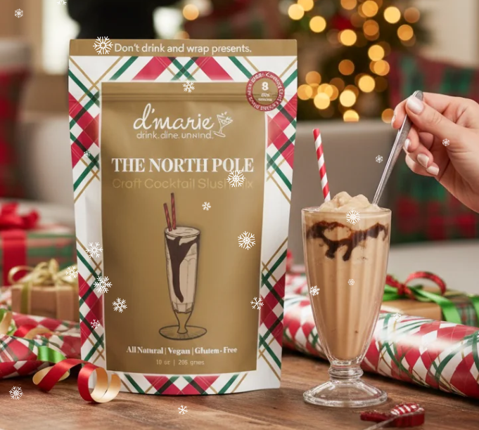 D'Marie The North Pole craft cocktail slush mix in festive Christmas packaging
