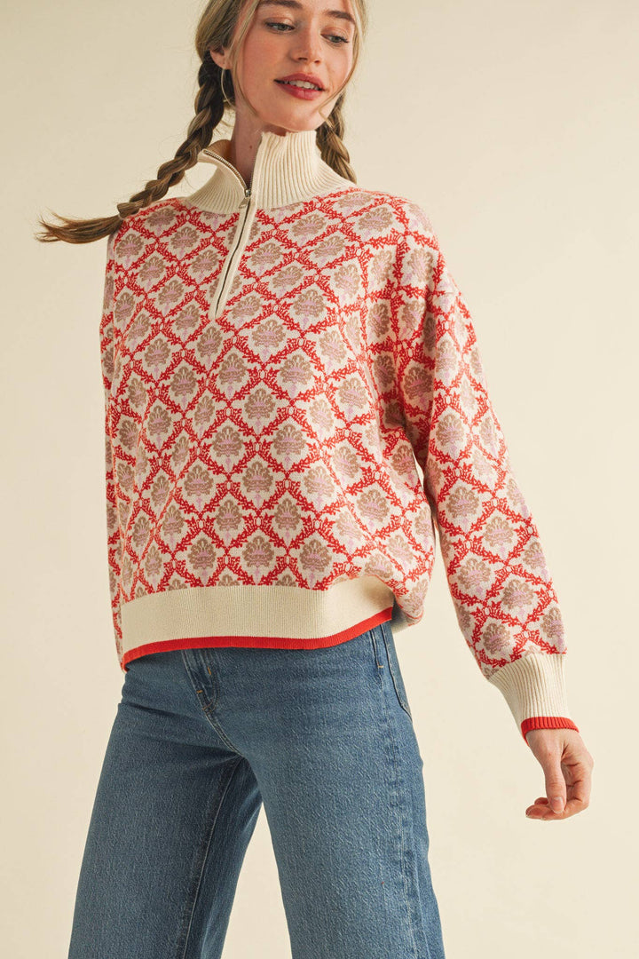Floral Mock Neck ½ Pullover