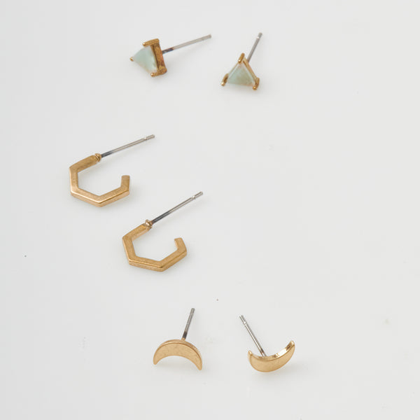 Scout Stud Trio gold earring set with geometric hexagon hoops and crescent moon studs