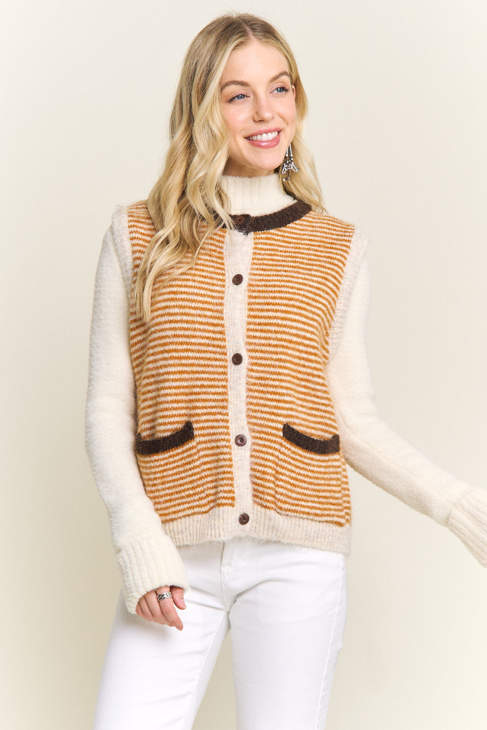 Textured Button Down Front Sweater Vest