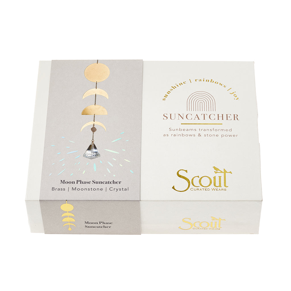 Scout Moon Phase Suncatcher with brass moon phases and crystal prism in product packaging