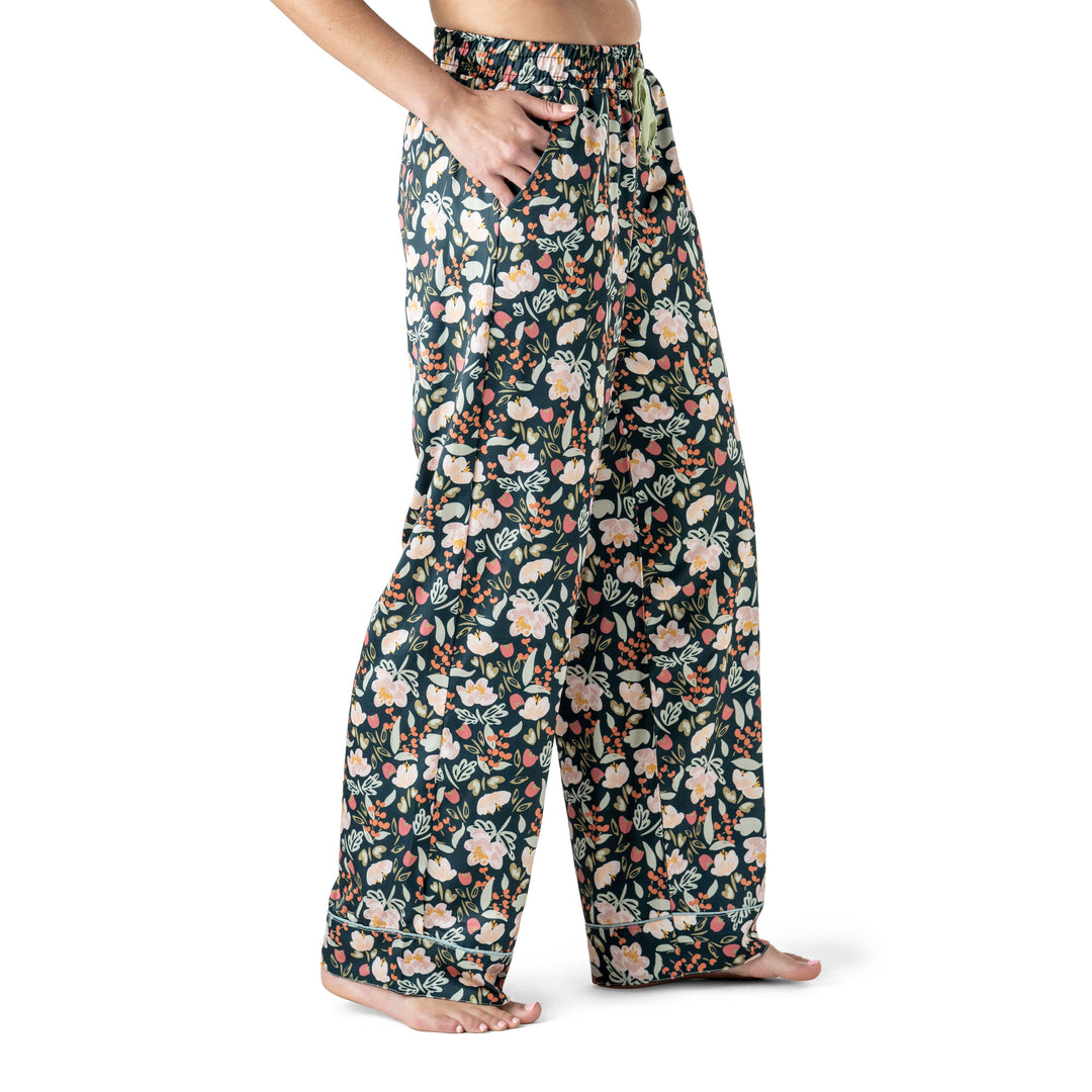 Hello Mello satin pajama pants with floral print in Petal to the Metal colorway