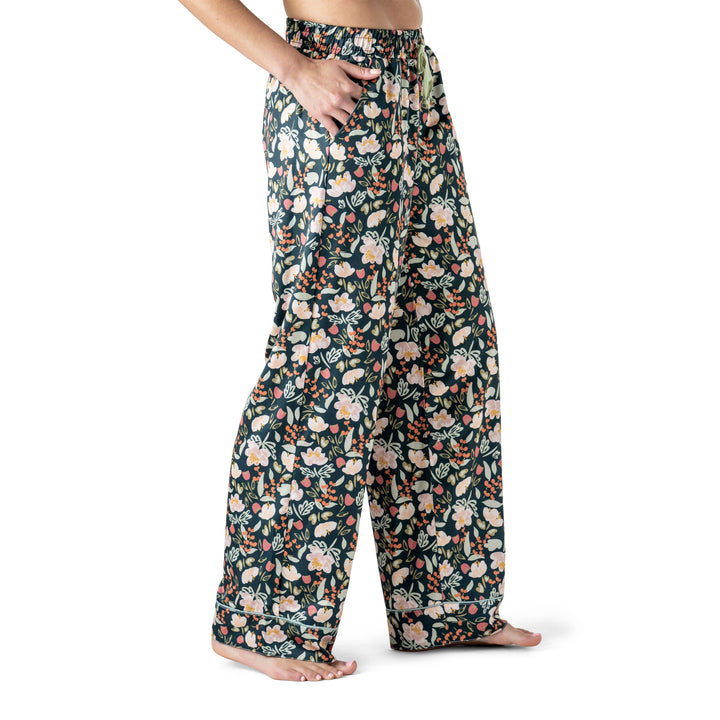 Hello Mello satin pajama pants with floral print in Petal to the Metal colorway
