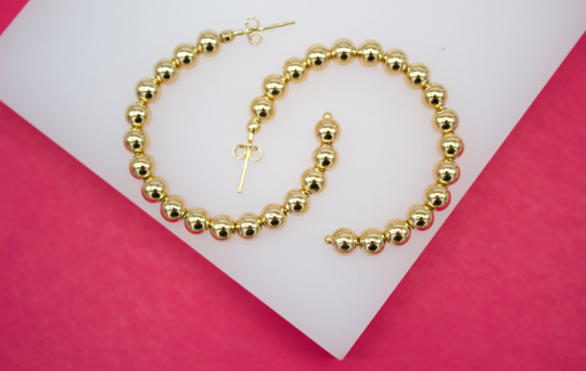 18K Gold Filled Round Golden Beaded Open Hoop Stud Earrings