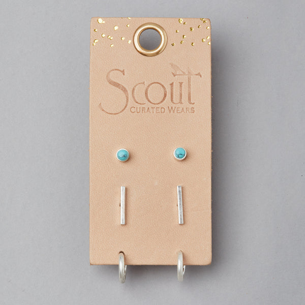 Scout Curated Wears Stud Trio earring set with turquoise studs, silver bars, and hoops