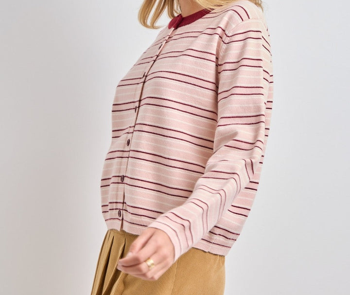 Striped Contrast Hem Button Up Cardigan