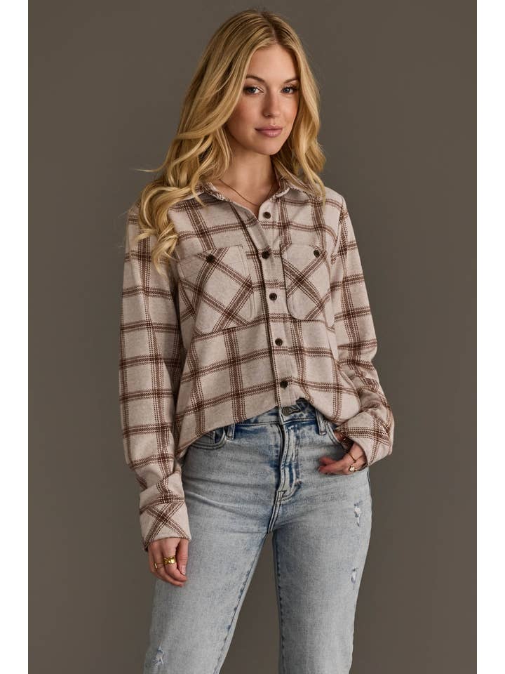 Lt. Taupe &amp; Brown Plaid Button Up
