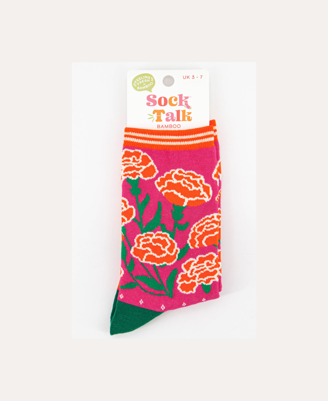 Sock Talk bamboo crew socks in pink with orange carnation floral pattern and green toe