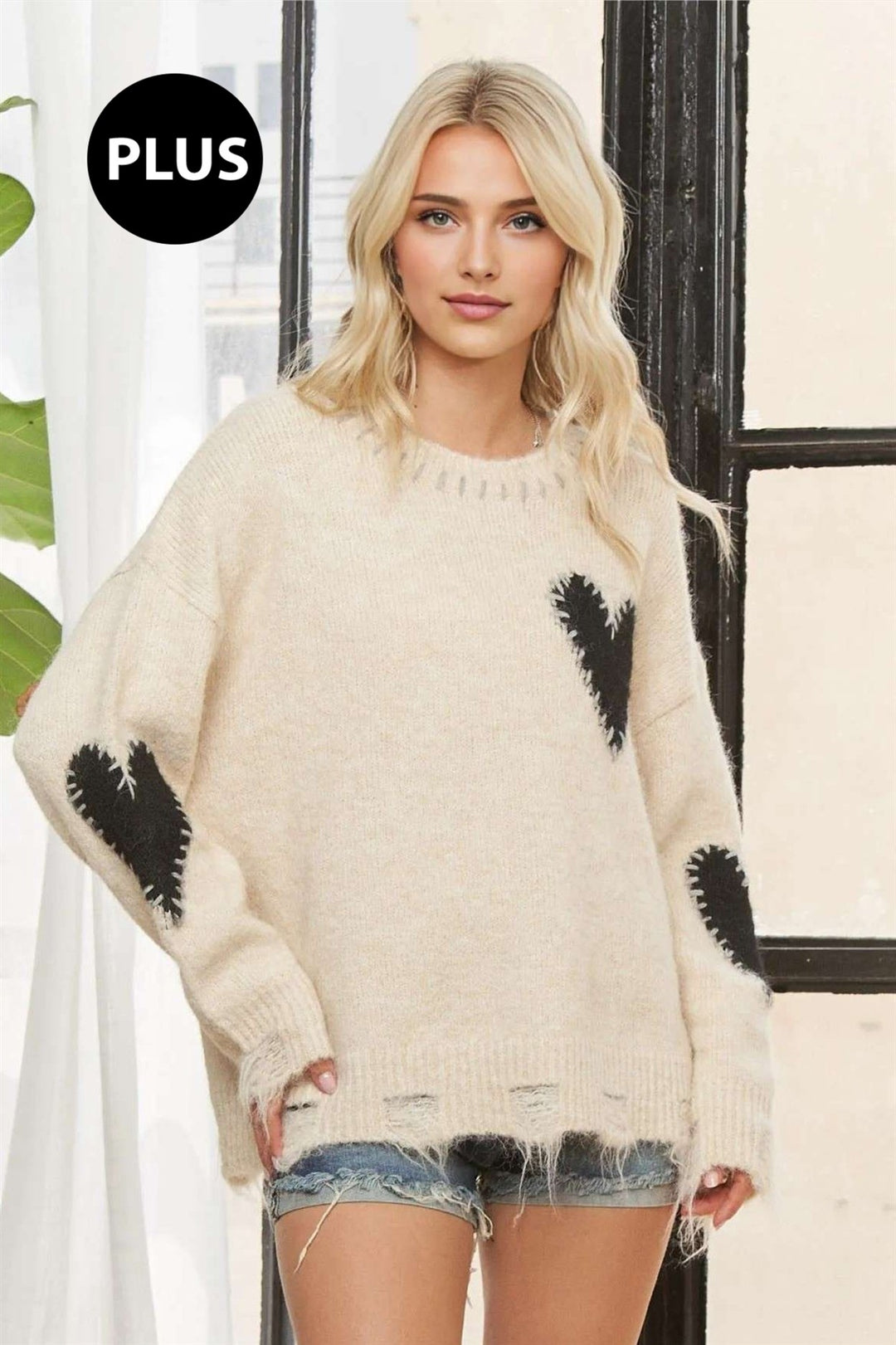 Long Sleeve Heart Patch Knit Sweater
