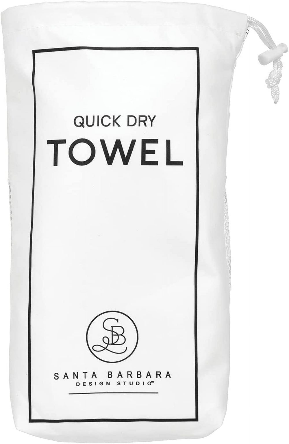 White quick dry towel with Santa Barbara Design Studio branding and drawstring pouch