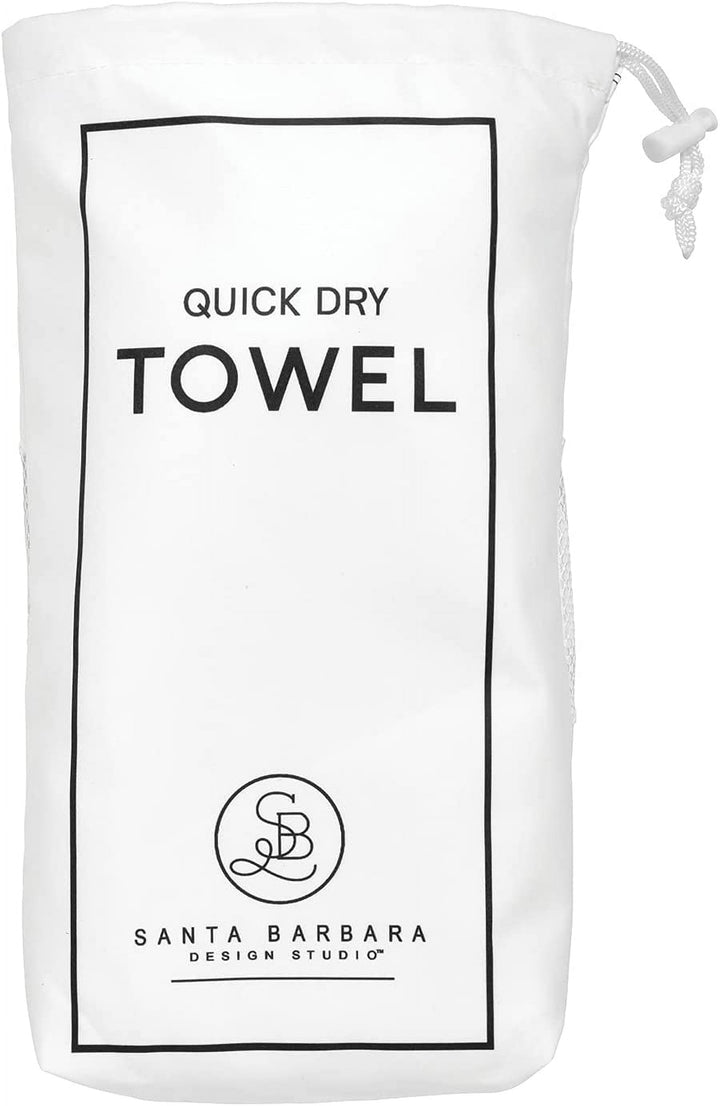 White quick dry towel with Santa Barbara Design Studio branding and drawstring pouch