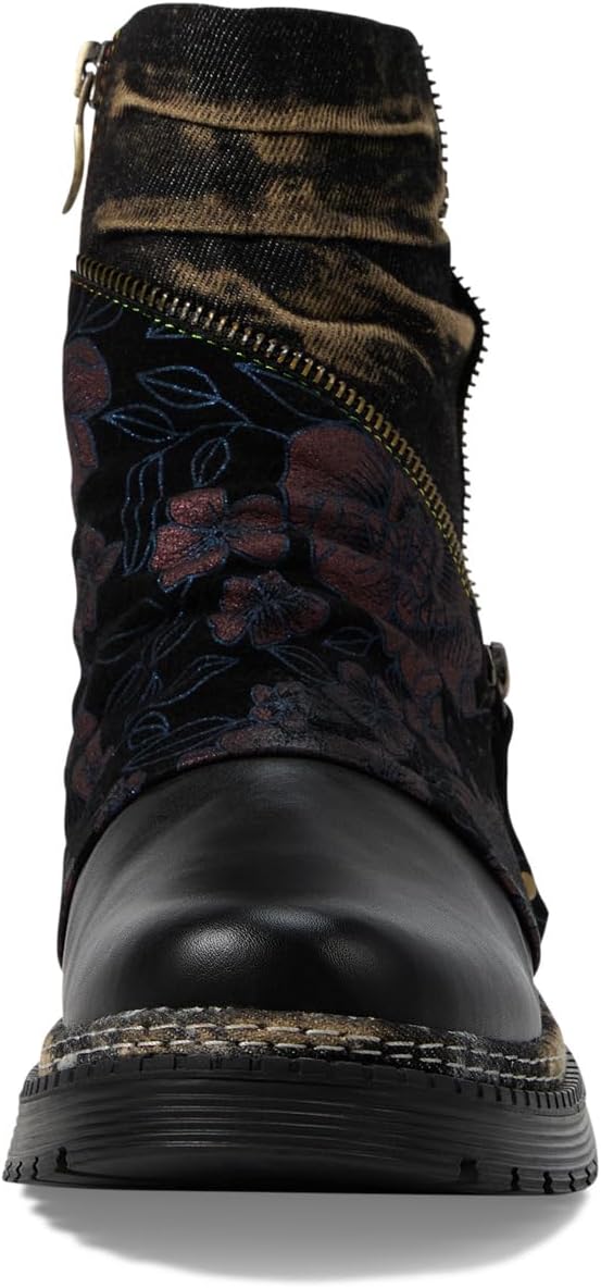 Spring Footwear Avrilrose ankle boot in navy multi with floral embroidery and zipper details