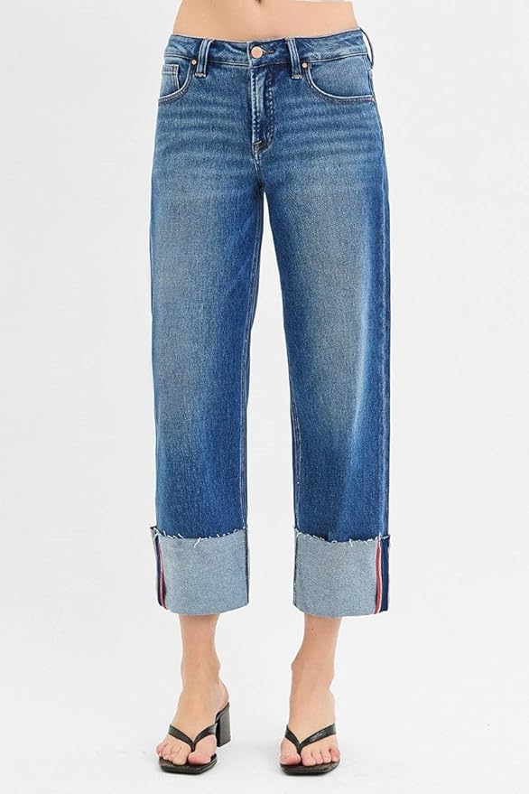 Mid Rise-Crop Wide-Cuffed Jeans