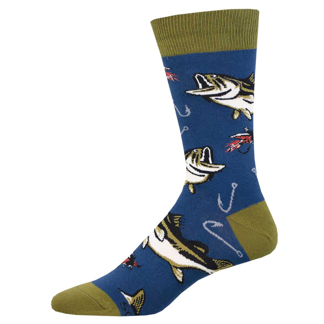 Socksmith All About The Bass crew socks in navy blue with fish and fishing hook pattern
