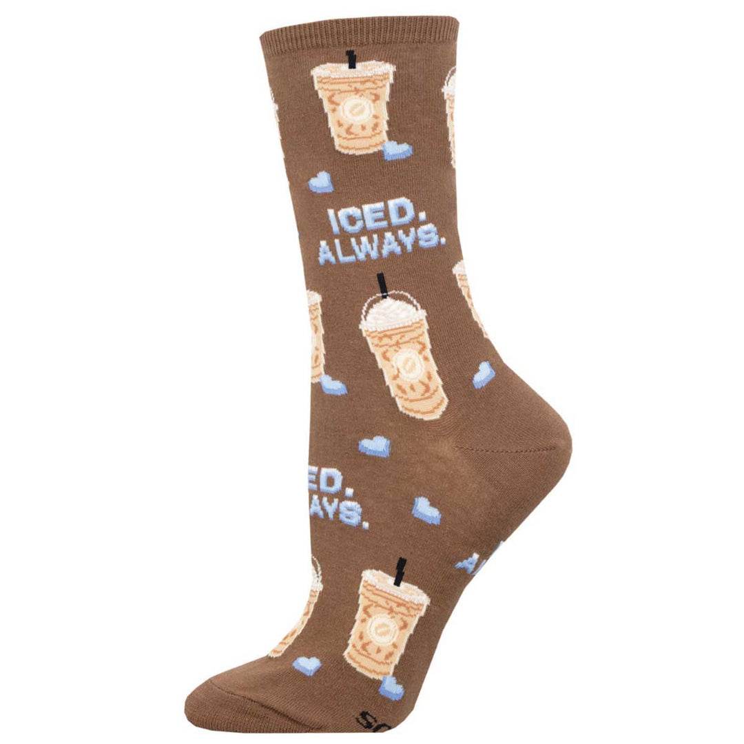 Brown crew socks featuring iced coffee cups, blue hearts, and 'Iced. Always.' text pattern