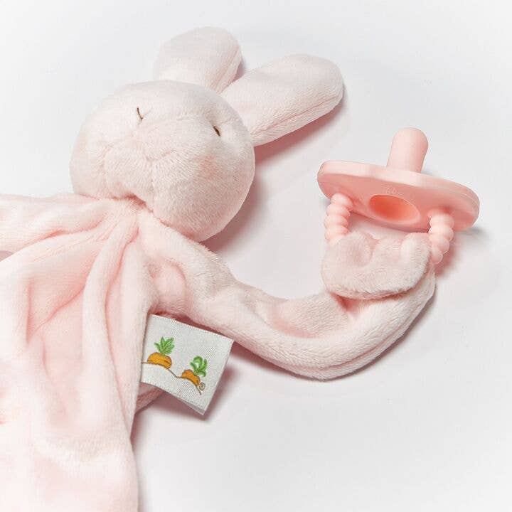 Pink bunny security blanket with attached pacifier holder and carrot embroidered tag
