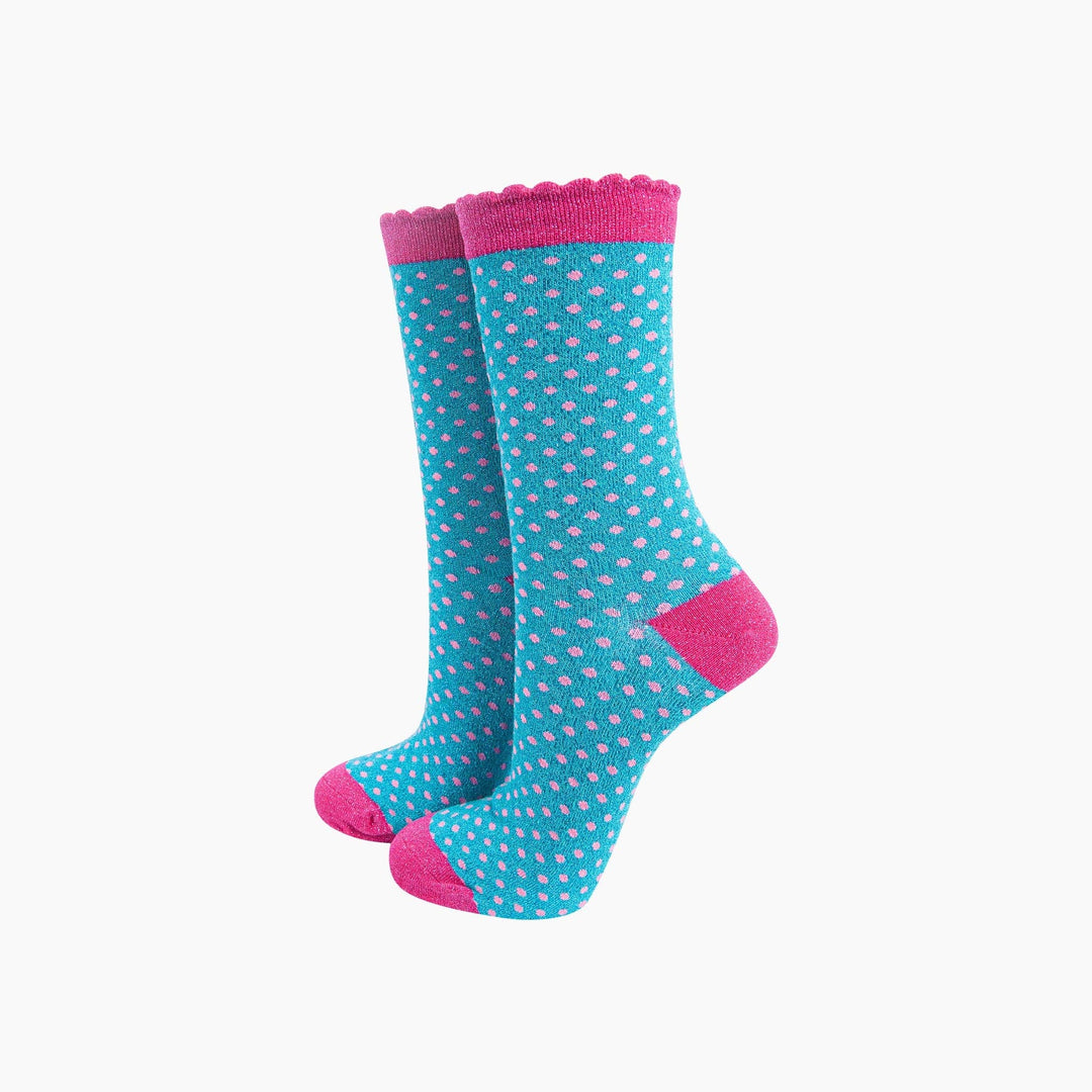 Turquoise and pink polka dot glitter crew socks with scalloped cuff