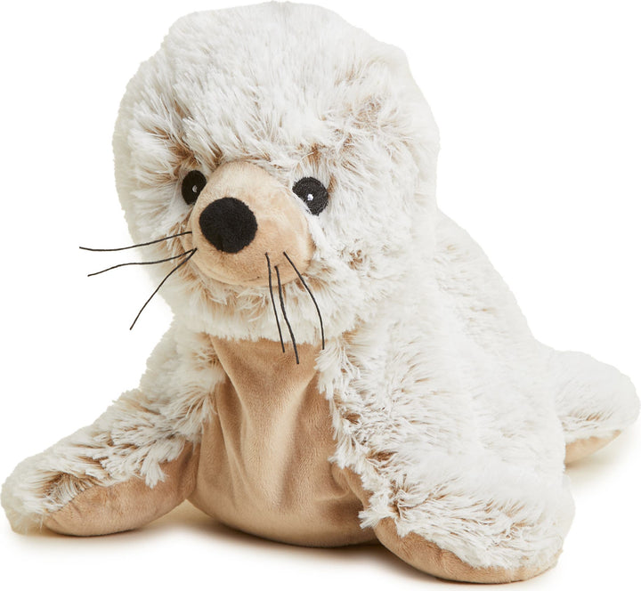 Warmies plush seal stuffed animal in cream and tan colors with whiskers