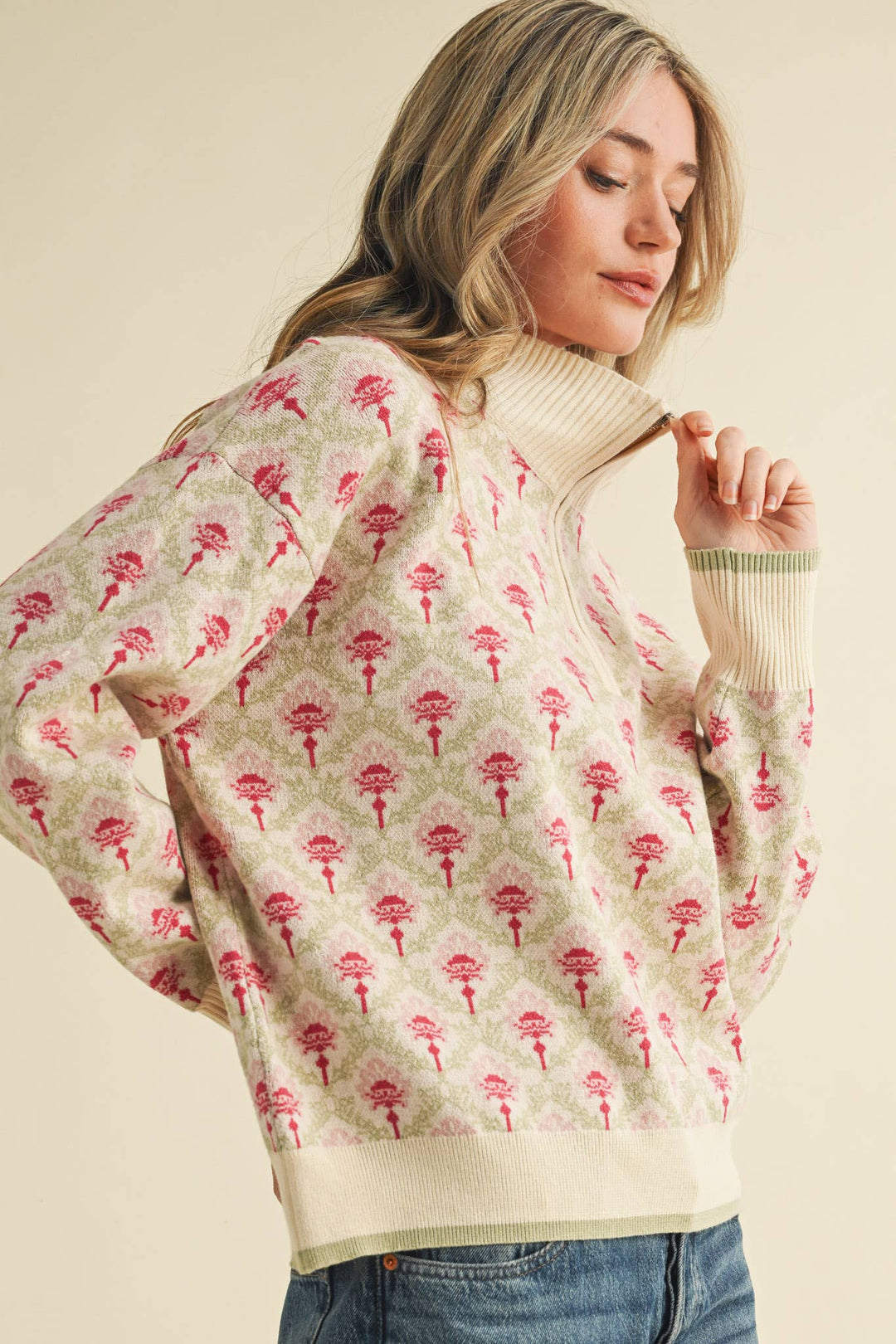 Floral Mock Neck ½ Pullover
