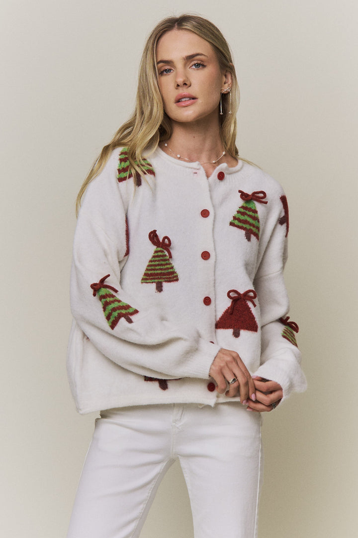 Festive Christmas Trees Button Knit Cardigan