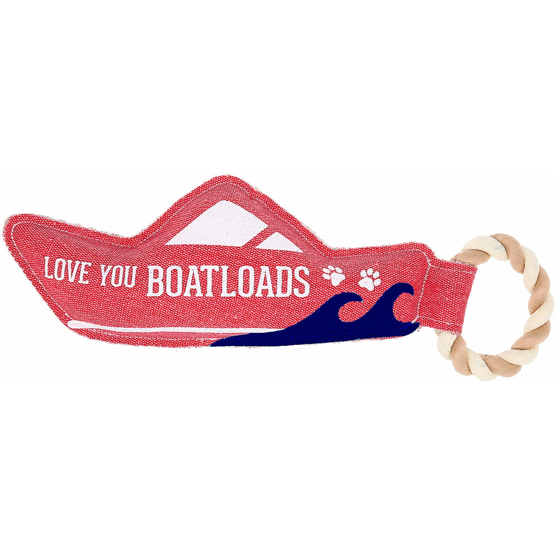 Red canvas boat-shaped dog toy with rope handle and 'Love You Boat Loads' text
