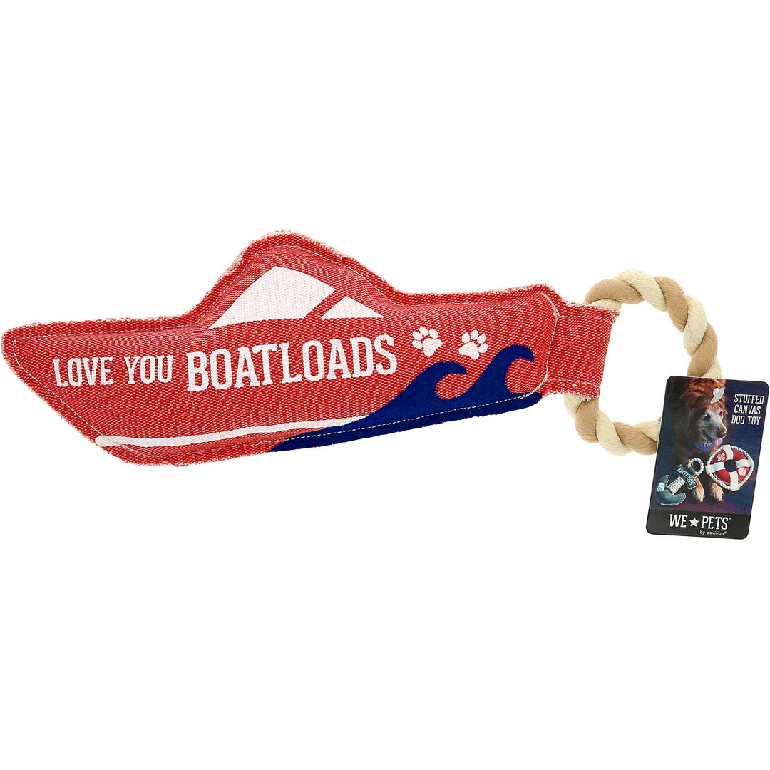 Red canvas dog toy shaped like boat shoe with rope handle, text reads 'Love You Boat Loads'