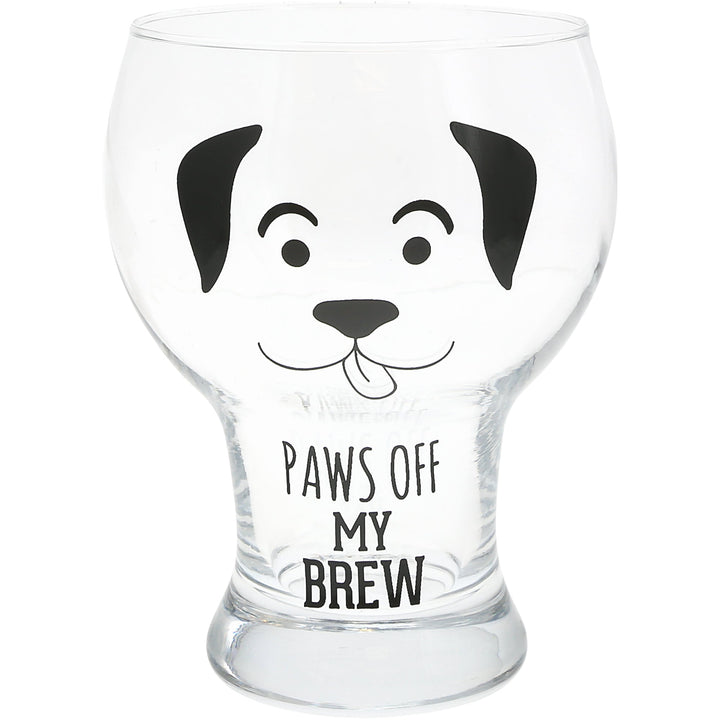 Clear pilsner glass with cute black dog face design and 'Paws Off My Brew' text