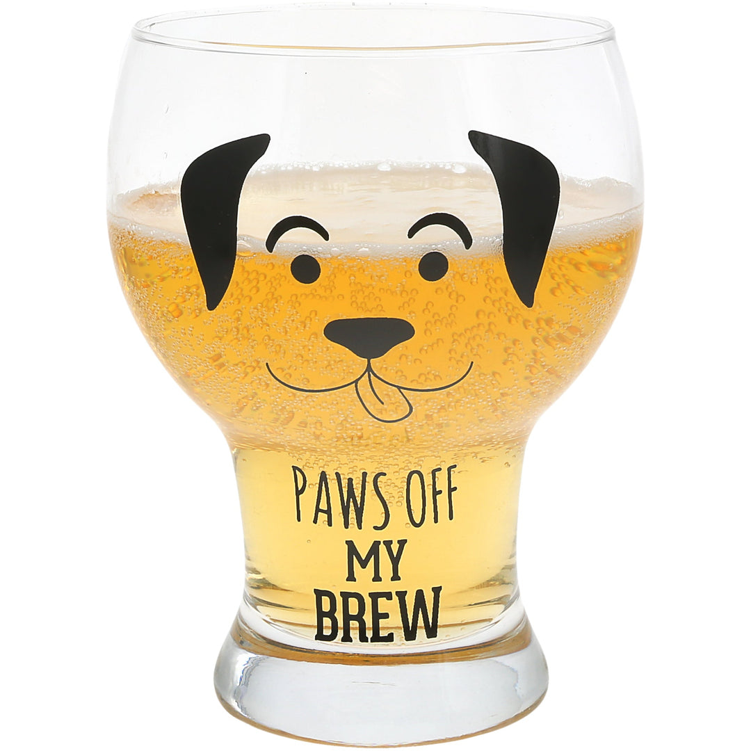 Clear pilsner glass with dog face design and 'PAWS OFF MY BREW' text, filled with golden beer