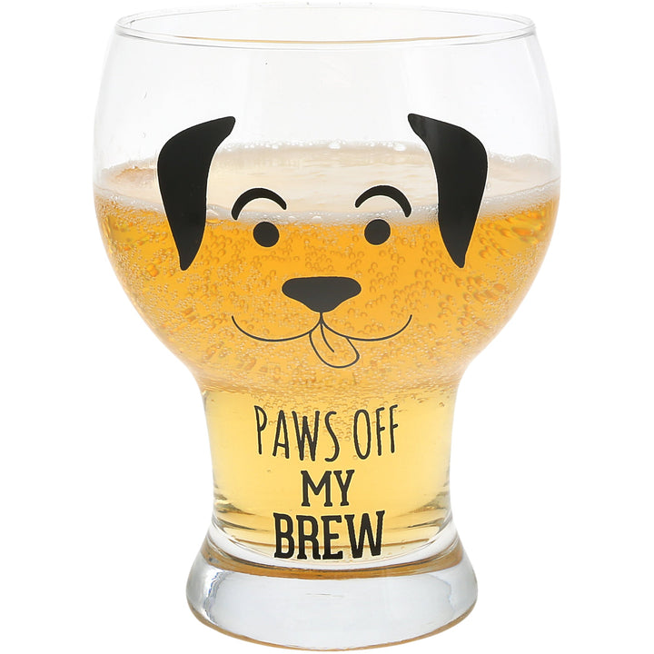 Clear pilsner glass with dog face design and 'PAWS OFF MY BREW' text, filled with golden beer