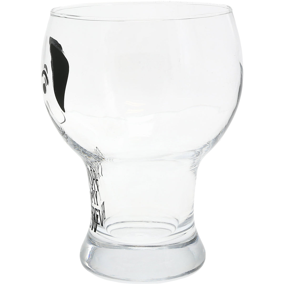 Clear glass pilsner with black dog silhouette and 'Paws Off' text design